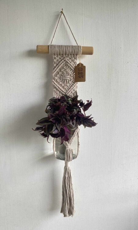 Small macrame plant hanger on wood dowel in off white color