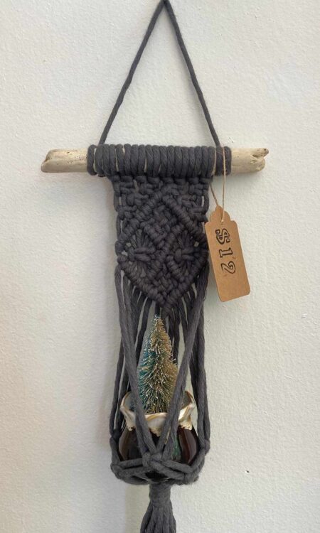 Extra small macrame plant hanger on driftwood in dark blue grey
