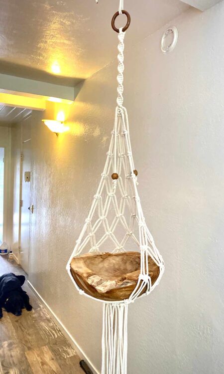 Extra large macrame plant hanger made with white cotton rope and wood ring and beads
