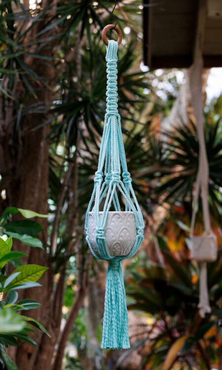Vibrant blue macrame plant hanger available for sale online or in Kailua, Hawaii